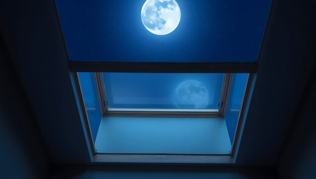 Serene Nocturnal Sky View from Attic Window Moonlit Night Atmosphere - Powered by Adobe