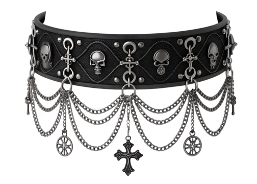 This striking choker necklace features a gothic design with unique embellishments, including skulls and crosses. Made with high-quality materials, it showcases intricate chain PNG transparent