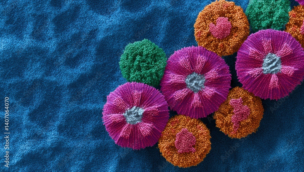 Poster a colorful depiction of spherical structures resembling cells or microorganisms, set against a textu