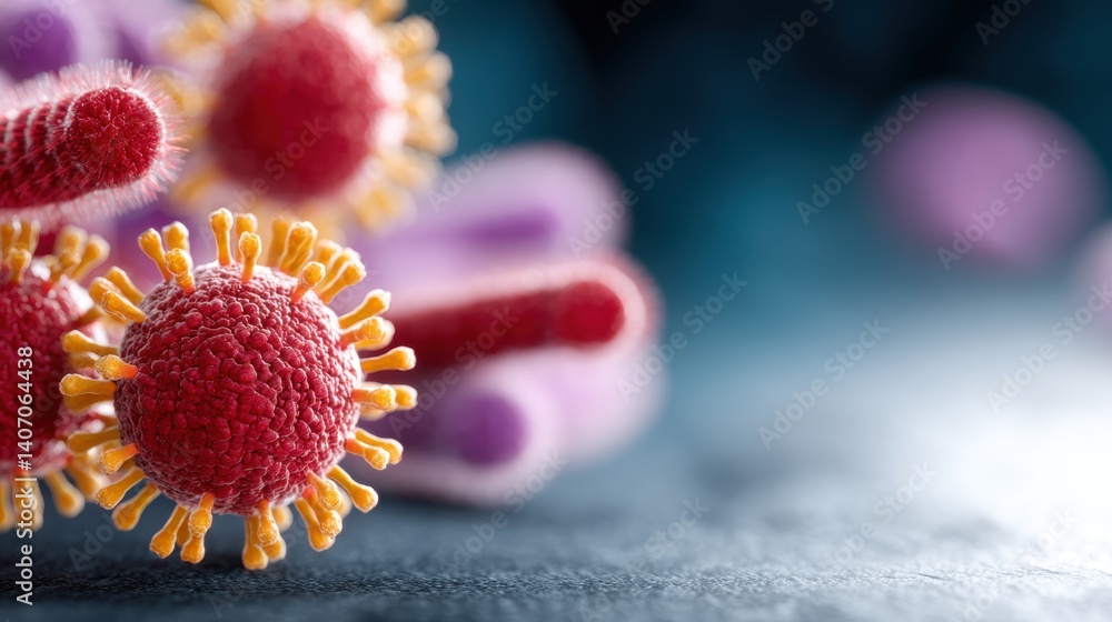 Poster a close-up representation of virus particles, showcasing intricate structures and vibrant colors, em