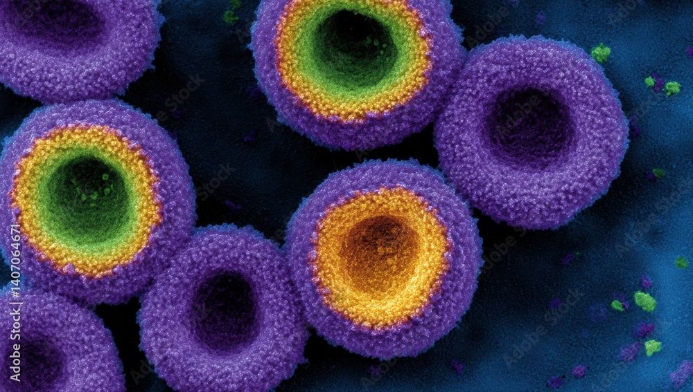 Poster a vibrant microscopic view of cellular structures showcasing colorful patterns and formations, highl