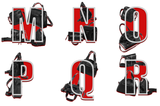 Designer decoration of letters m n o p q r with bags.