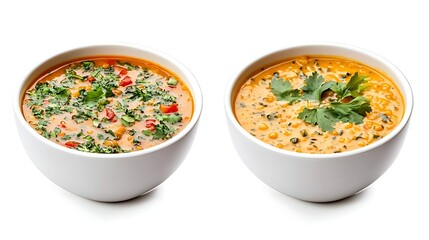 Two Bowls Of Homemade Soup On A White Background For Food Photography Content,Showing Creamy Texture And Fresh Ingredients,Suitable For Culinary Blogs And Stock Images
