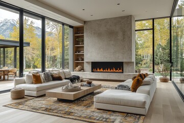 Modern luxury living room in Jackson Hole style with white oak floors, large fireplace, sofa, armchair, and glass door leading to outdoor patio.