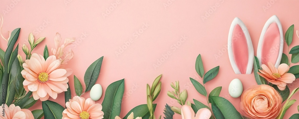 Poster easter bunny ears and spring flowers creating a frame on pink background