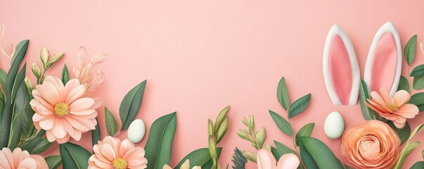 Obraz premium Easter bunny ears and spring flowers creating a frame on pink background