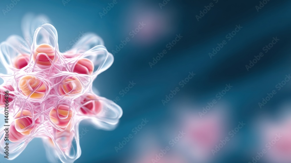 Poster a detailed illustration of a virus particle with a translucent structure and colorful inner componen