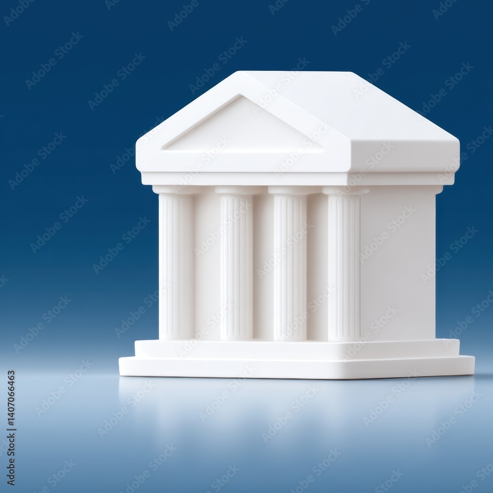 Aufkleber a minimalist white model of a classical building with columns, set against a blue background, emphas