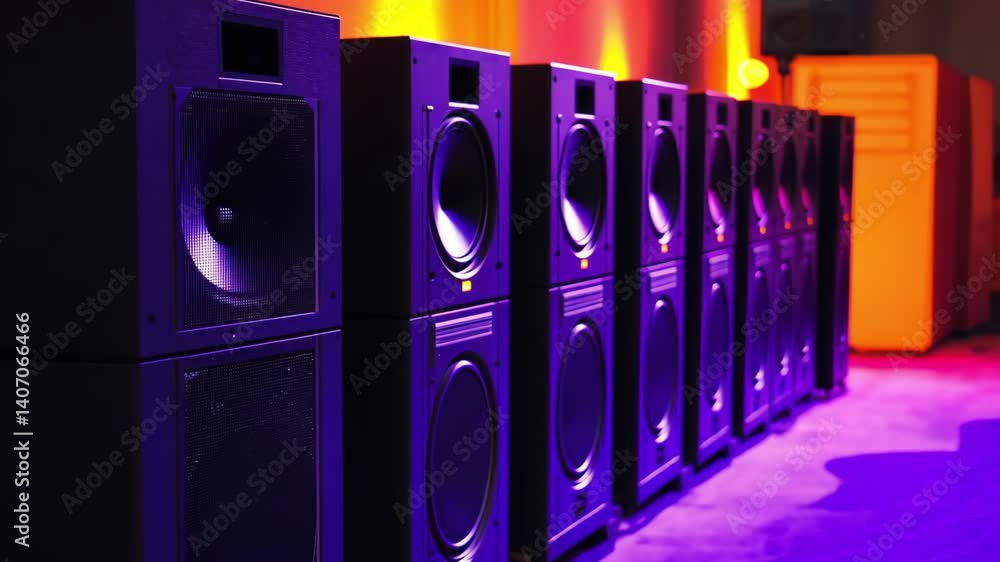 Poster row of powerful speakers lit by vibrant light during a music event in an indoor venue, a row of powe