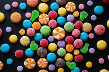 Fototapeta premium Vibrant Candy Crush Effect in Ultra Slow Motion on Black Surface with Colorful Sweet Textures