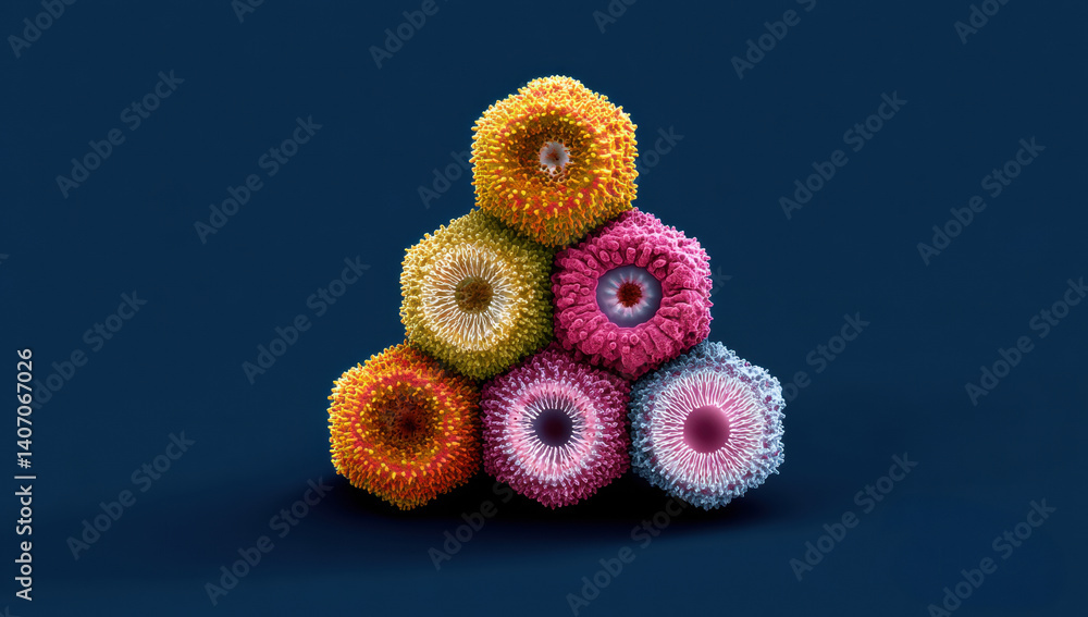 Poster a vibrant arrangement of hexagonal shapes, showcasing intricate designs and textures against a dark 