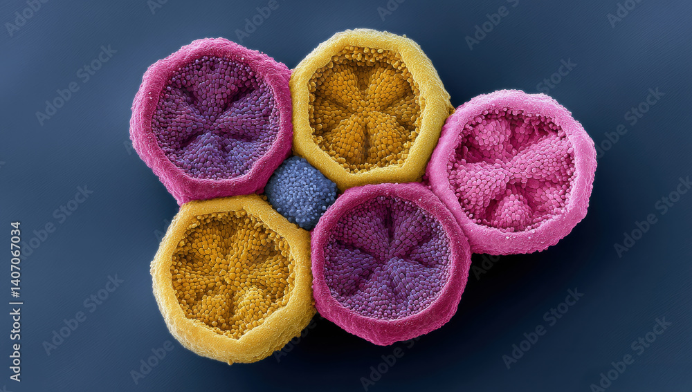 Poster a colorful, microscopic view of a virus showing hexagonal shapes with different hues, emphasizing th