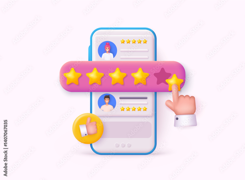 Poster people characters giving five star feedback. vector customer review concepts. 3d web vector illustra