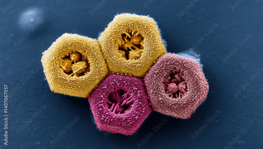 Poster colorful microscopic structures resembling honeycomb cells, showcasing intricate patterns and textur