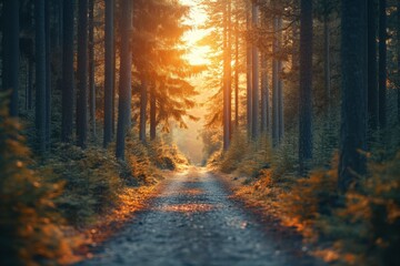 Fototapeta premium Path Through Majestic Pine Woodland, lovely bokeh: A serene backdrop with towering evergreens and the aroma of pine needles. Generative Ai