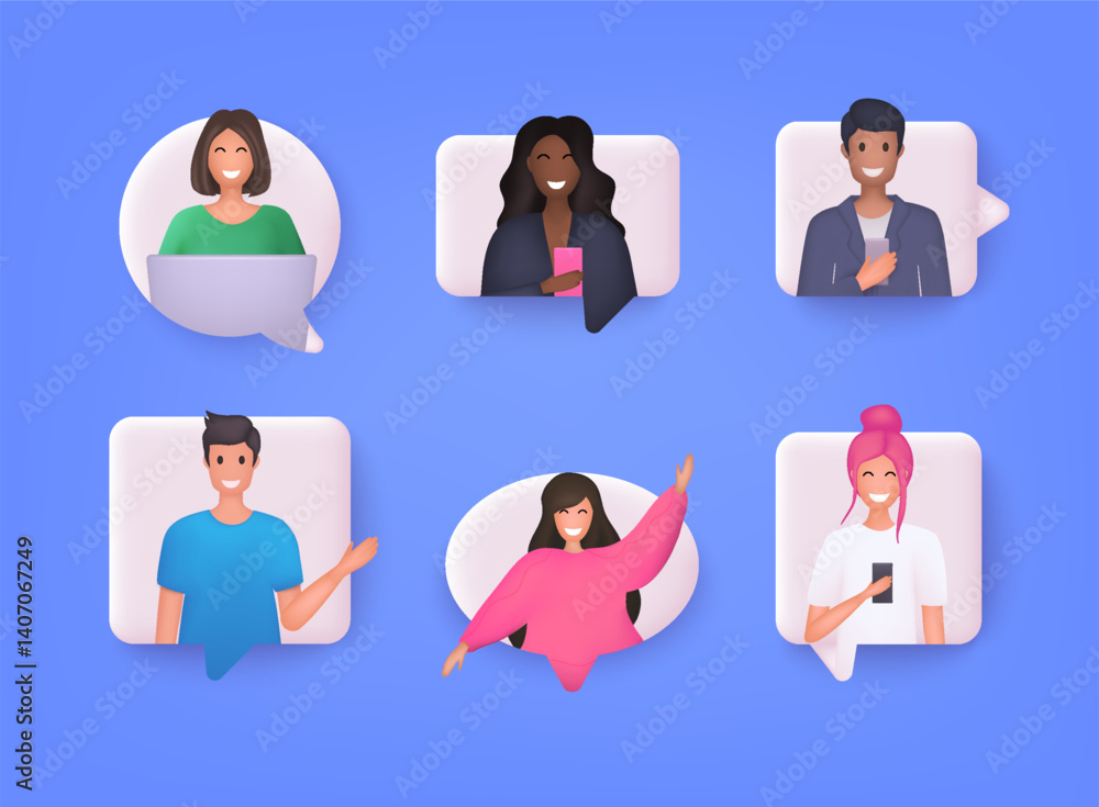 Poster people in talking bubble frames of various shapes. business communication via internet concept. virt