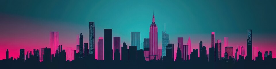 Obraz premium Neon cyberpunk city skyline silhouette with pink and teal hues on dark background