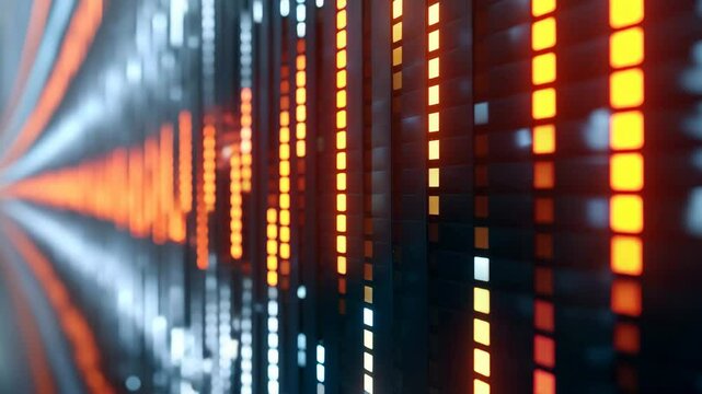 Vertical bars of glowing orange and white pixels rise and fall, resembling a digital audio equalizer.