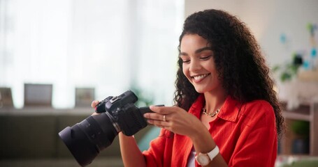 Home office, photographer and woman with smile, camera and review for quality control. Person, business owner and entrepreneur with digital equipment for shoot, photography and pride with editing