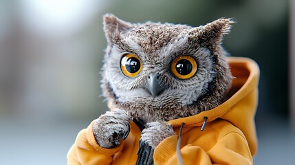 Naklejka premium Cute owl in a yellow hoodie