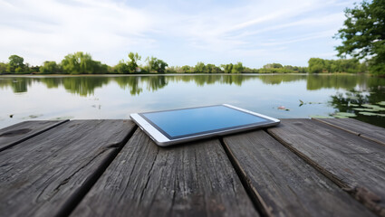 Sleek Silver Tablet on Rustic Wooden Dock Overlooking Serene Lake