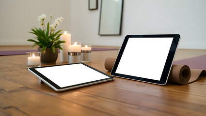 Fototapeta premium Serene Yoga Studio Blank Tablets & Peaceful Ambiance
