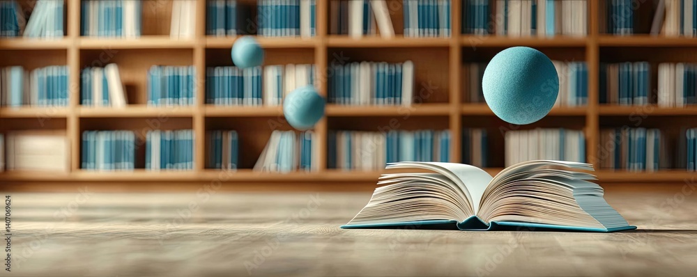 Poster books floating in the air featuring bookshelves and surrealism concept. an open book with floating s