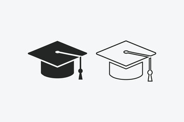 Modern Graduation Cap Icons, One Solid, One Outline Isolated On Light Background