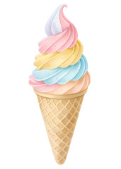 Enjoy a delightful ice cream cone featuring soft pastel colors in swirled patterns. Topped with pink, yellow, and blue creamy layers, this treat is perfect for hot summer days PNG transparent