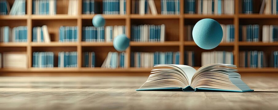 Books floating in the air featuring bookshelves and surrealism concept. An open book with floating spheres in a library setting.