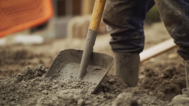 Laborer mixing cement with a shovel at a building site. Featuring effort and focus