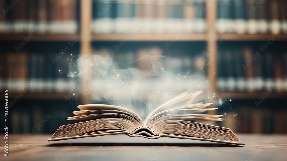 Poster books floating in the air featuring bookshelves and surrealism concept. a magical open book with enc