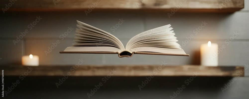 Poster books floating in the air featuring bookshelves and surrealism concept. an open book floating above 