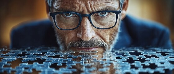 Intense gaze of a man with glasses, focused on a puzzle. Detail of pieces scattered before him