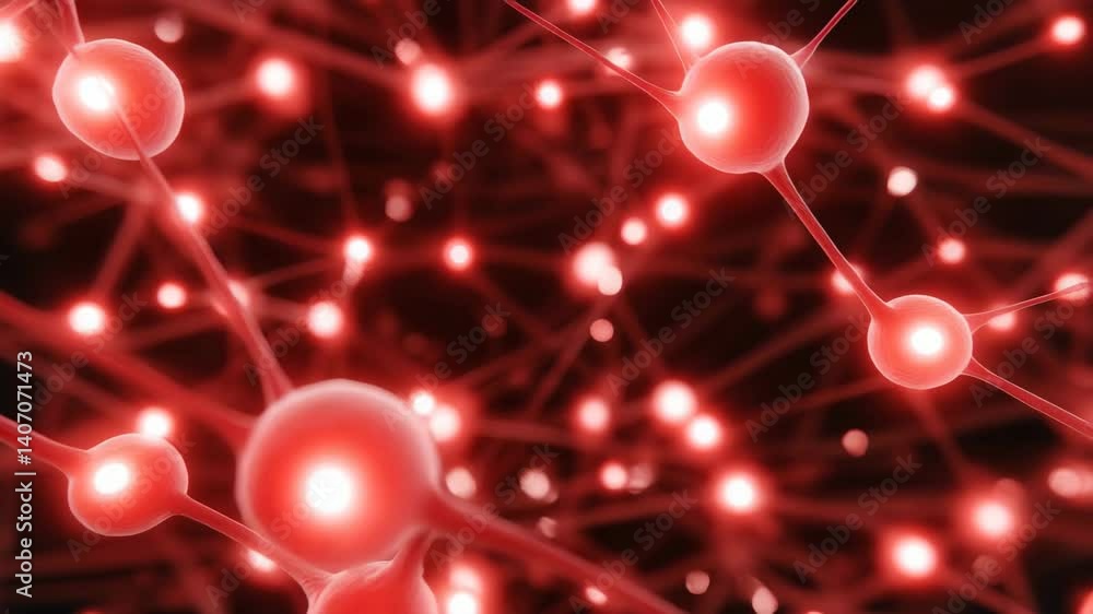 Poster bright red spheres connected by thin lines are scattered across a dark background, resembling a neur