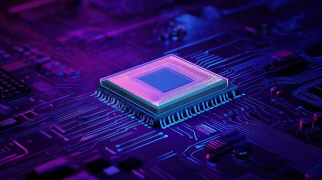 A glowing microprocessor chip resting on a complex circuit board. The chip is illuminated in a vibrant blue and pink hue, creating a sense of innovation and technology.