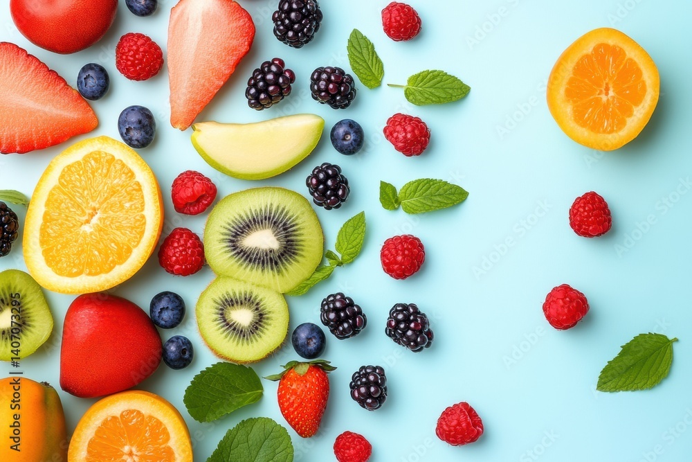 Poster vibrant display of fresh fruits and berries arranged on a soft pastel background in a clean minimal 