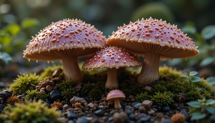 Fototapeta premium Enchanted Toadstool Family: A Dreamlike Forest Scene