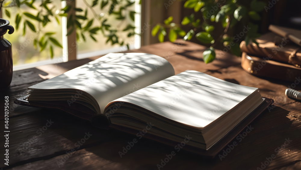 Poster sunlit open notebook on rustic wooden table