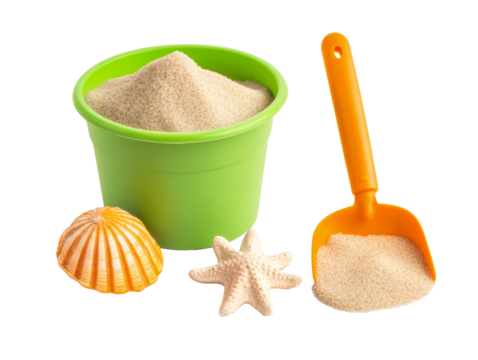 Fun beach play with sand bucket and shells for summer activities, cut out