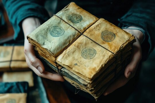 Hands holding stacked wrapped packages tied with string vintage style brown paper.