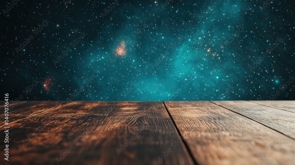 Aufkleber empty wooden table presenting a cosmic backdrop of deep space and galaxies