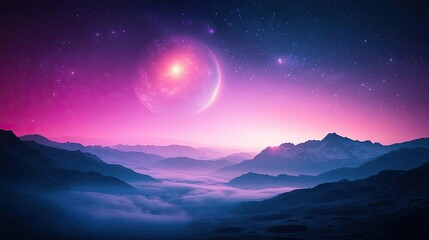 Fototapeta premium Landscape of alien planet in a fiction and universe imagination concept. A stunning cosmic landscape showcasing vibrant colors and mountains.