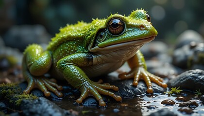 Obraz premium Emerald Tree Frog: A Striking Close-Up in Lush, Dark Setting