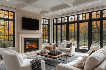 Fototapeta premium Classic living room with white chairs, oversized fireplace, dark wood accents, modern chandelier, and soft rug in serene contemporary decor.