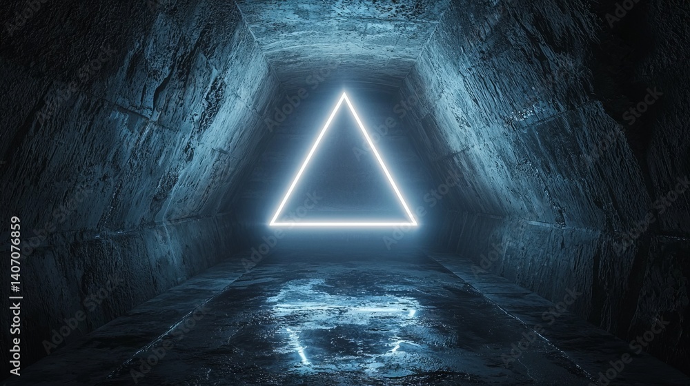 Poster a geometric triangle radiates neon light within a shadowy tunnel, contrasting starkly with the rough