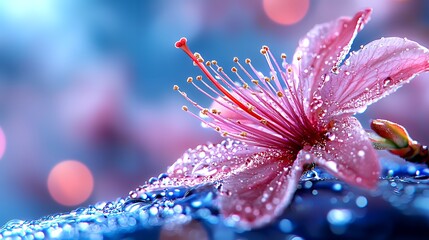 Delicate pink flower with water drops