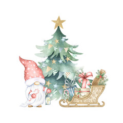 Christmas gnome with lantern and candy cane, spruce with garlands with triangle and star-shaped flags, wooden sledge with gift boxes. Watercolor isolated illustration for Happy New Year greeting card.