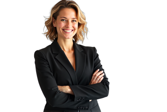 Business woman portrait isolated on transparent background, afro businesswoman in suit, crossed arms. Confident, professional headshot for corporate, leadership, or career contexts.