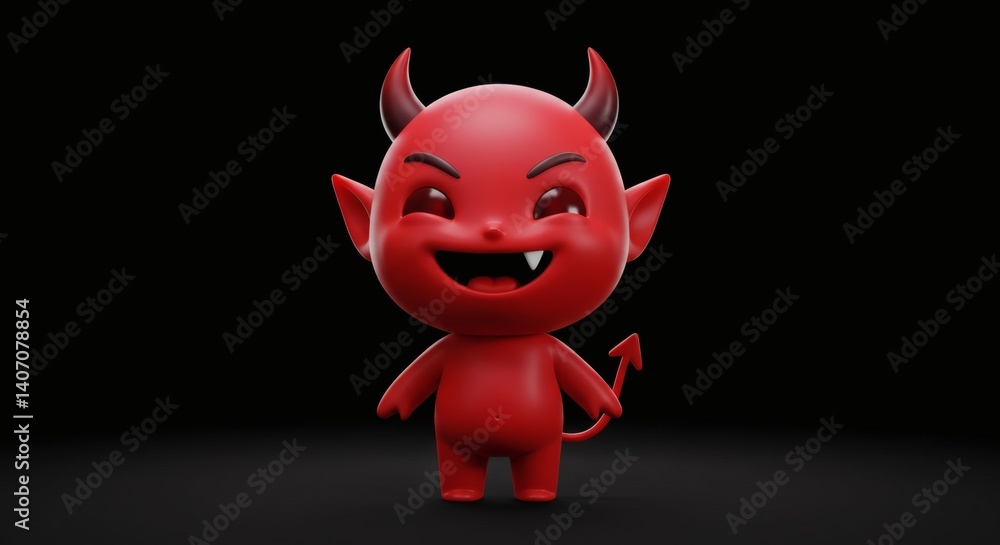Poster playful 3d render of a red devil character with mischievous grin on dark stage